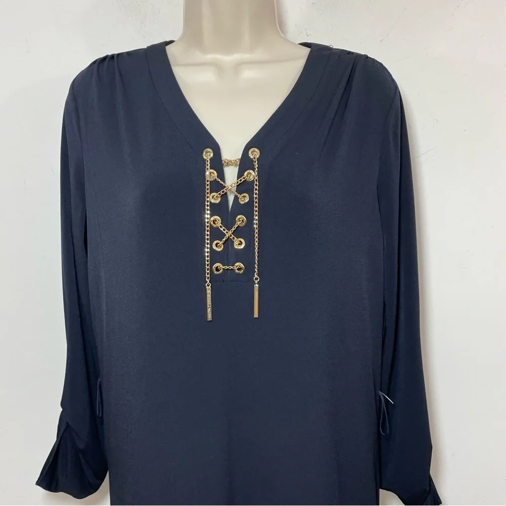 NWT Michael michael Kors Black jersey Shift Dress Gold Chain Small long sleeve - Picture 2 of 8